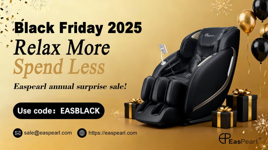 EasPearl massage chair Black Friday 2025 sale ad: "Relax More, Spend Less" with annual surprise deals, use code EASBLACK, featuring the chair amidst gold/black balloons, gifts, and fireworks.