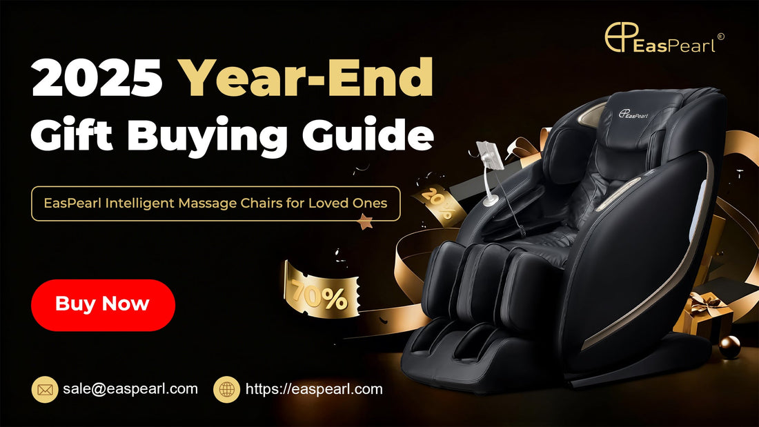 2025 Year-End Gift Buying Guide: EasPearl intelligent massage chair for loved ones, with 70% off, a "Buy Now" button, and brand details (email, website) on a sleek black/gold-themed ad.