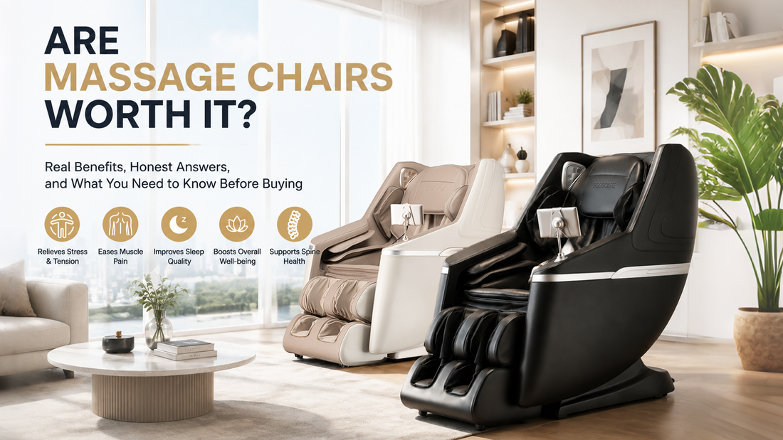 Modern living room featuring luxury massage chairs designed for stress relief, muscle pain, better sleep, overall wellness, and back support.