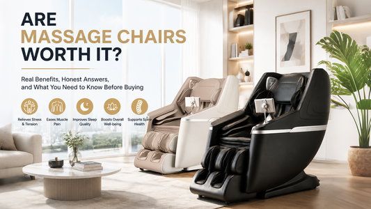 Modern living room featuring luxury massage chairs designed for stress relief, muscle pain, better sleep, overall wellness, and back support.