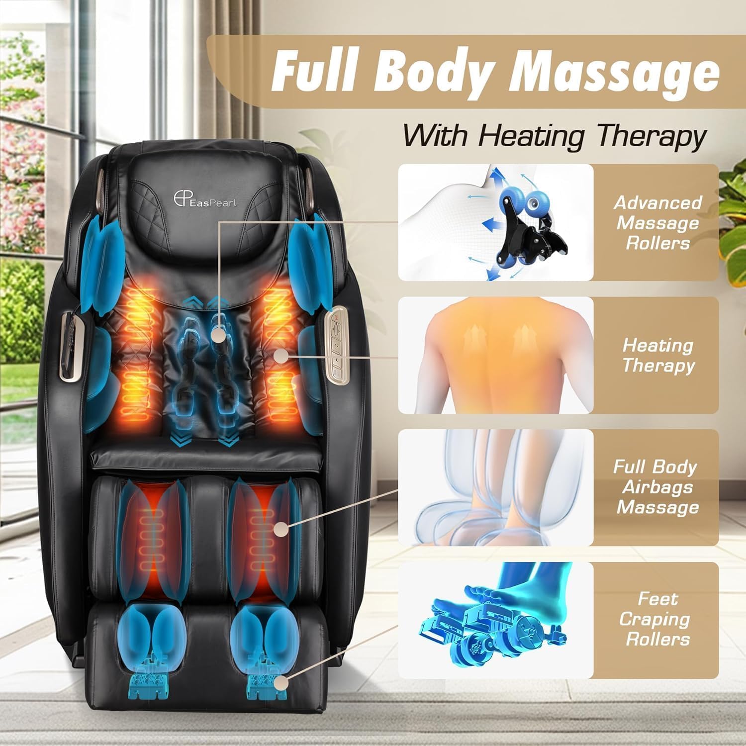 EasPearl R8079 4D Massage Chair with More Wider Heating, USB Port Insert