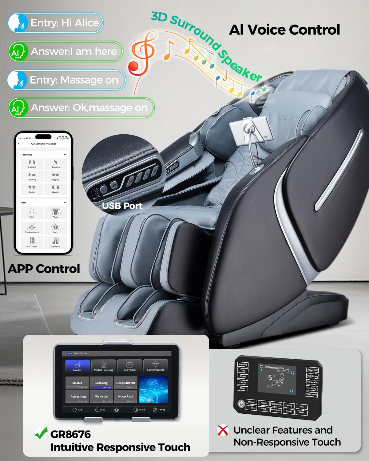 BOSSCARE GR8676 4D Massage Chair Zero Gravity Shiatsu SL-Track AI APP Control Heating Back