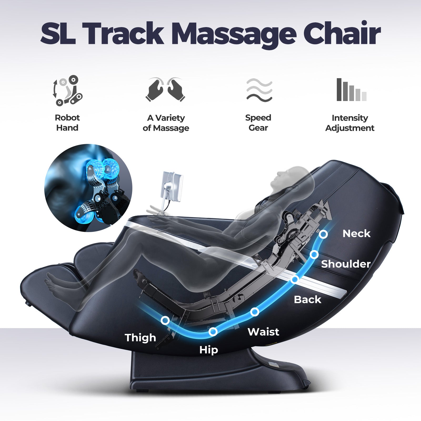 SL track massage chair with robotic massage rollers