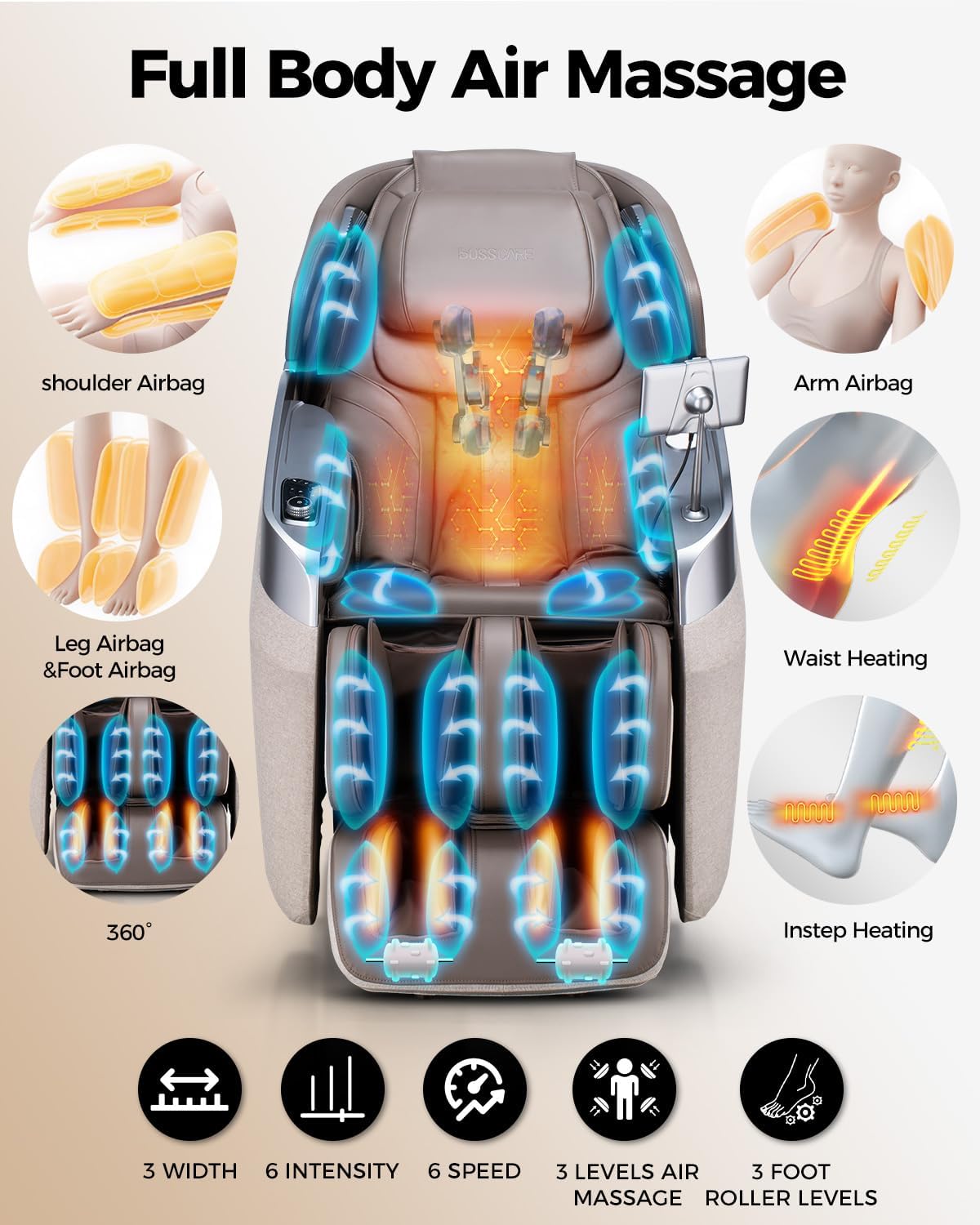 BOSSCARE SQ813 2026 4D Massage Chair Full Body, 24 Modes SL-Track Shiatsu Recliner with Foot Rollers